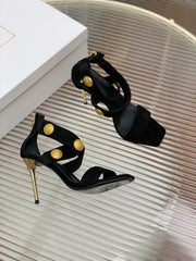 BALMAIN 25S CROSSOVER STRAP HIGH HEELS 95MM IN BLACK SUEDE