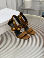 BALMAIN 25S CROSSOVER STRAP HIGH HEELS 95MM IN BROWN SUEDE