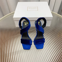 BALMAIN 25S MONETA HEELED SANDALS 95MM IN DARK BLUE VELVET