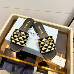 PRA EMBROIDERED SLIDES FLAT BLACK AND BEIGE FABRIC