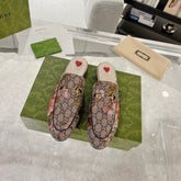 HORSEBIT FLOWER SLIPPER MULE IN DARK BEIGE MONOGRAM JACQUARD FABRIC