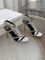 BALMAIN 25S MONETA SANDAL 95MM IN SILVER CALFSKIN WITH CRYSTAL