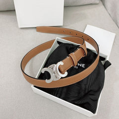 CELINE 25S TRIOMPHE BELT 25MM IN BROWN CALFSKIN SILVER HARDWARE 580678