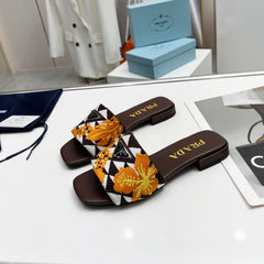 PRA EMBROIDERED SLIDES FLAT CHOCOLATE FABRIC