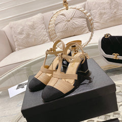 Double C Heeled Sandals Tan Cream Lambskin