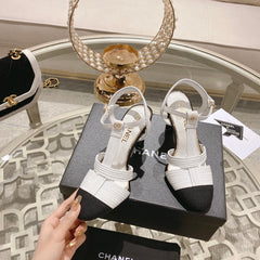 Double C Heeled Sandals White Black Lambskin