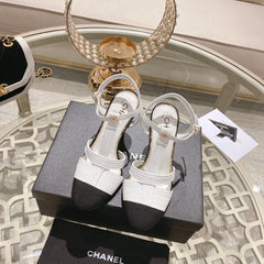 Double C Heeled Sandals White Black Lambskin