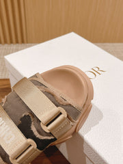 DIOR PLATFORM SLIDES 25S 30 MM IN MOSS GREEN FABRIC AND NUDE CALFSKIN