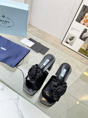 PRA FLOWER BLOCK HEELS 75 BLACK CALFSKIN