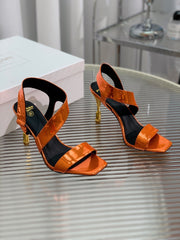 BALMAIN 25S HIGH HEEL SANDALS 95MM IN BURNT ORANGE GLOSSY CALFSKIN