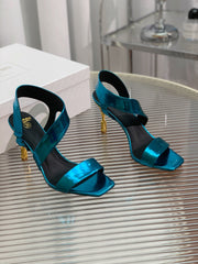 BALMAIN 25S HIGH HEEL SANDALS 95MM IN PETROL BLUE GLOSSY CALFSKIN