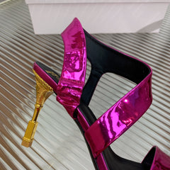 BALMAIN 25S HIGH HEEL SANDALS 95MM IN MAGENTA GLOSSY CALFSKIN
