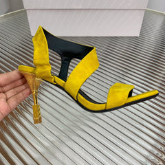 BALMAIN 25S HIGH HEEL SANDALS 95MM IN GOLDEN YELLOW SUEDE