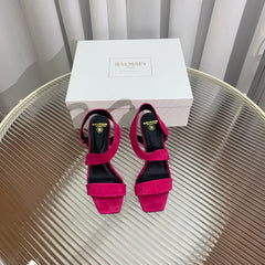 BALMAIN 25S HIGH HEEL SANDALS 95MM IN FUCHSIA SUEDE