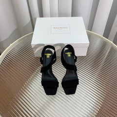 BALMAIN 25S HIGH HEEL SANDALS 95MM IN BLACK SUEDE