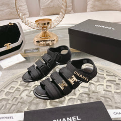 Double C Xiaoxiang Chain Fabric Head Chunky Sandal Black Lambskin