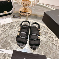Double C Xiaoxiang Chain Fabric Head Chunky Sandal Black Lambskin
