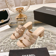 Double C Xiaoxiang Chain Fabric Head Chunky High Heel Cream Lambskin