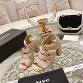 Double C Xiaoxiang Chain Fabric Head Chunky Heel Sandals Cream Lambskin