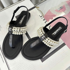 CLASSIC THONG SANDALS PEARL CHAIN IN BLACK LAMBSKIN