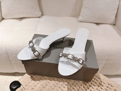 BALENCIAGA 25S HIGH-HEEL SANDALS IN WHITE COW LEATHER WITH RHINESTONE STRAP
