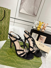 GG CRYSTAL HIGH HEEL SANDAL BLACK CALFSKIN SPECIAL