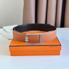 HM TUBE H BELT BUCKLE & REVERSIBLE BLACK AND YAM ORANGE LEATHER STRAP 38MM SILVER HARDWARE