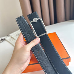 HM OSCAR BELT BUCKLE & REVERSIBLE BLACK LEATHER STRAP 38MM SILVER HARDWARE