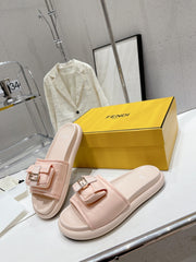 FENDI BAGUETTE SLIPPERS IN PASTEL PINK LAMBSKIN WITH GOLD HARDWARE