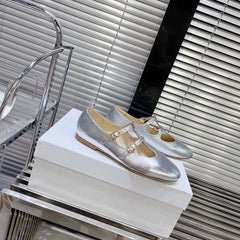 FLAT SANDALS WITH DOUBLE STRAP-DESIGN LEATHER SILVER