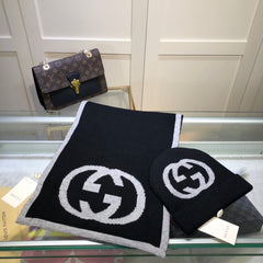 SET HAT AND SCARF IN BLACK MIX LIGHT GRAY CASHMERE 946329