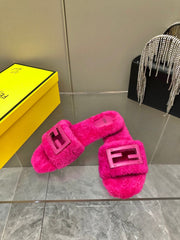 FENDI BAGUETTE SLIDE SLIPPERS IN DEEP PINK WOOL