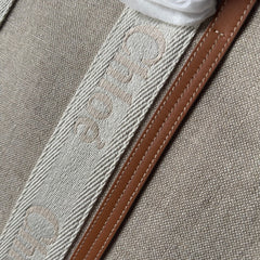 LAGRE WOODY TOTE BAG 45 IN BEIGE LINEN CANVAS WEBBING LOGO EMBROIDERY BROWN CALFSKIN