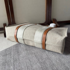 LAGRE WOODY TOTE BAG 45 IN BEIGE LINEN CANVAS WEBBING LOGO EMBROIDERY BROWN CALFSKIN