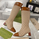 GG KNEE BOOTS IN BRONZE BROWN MONOGRAM CANVAS AND GLOSSY SHEEPSKIN
