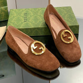 BLONDIE LOGO-PLAQUE LOAFERS IN BRONZE BROWN SUEDE WITH GOLD HARDWARE