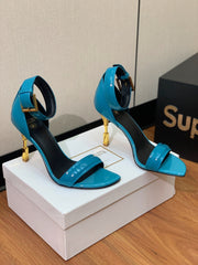 BALMAIN 25S SQUARE STRAP HIGH HEELS 100MM IN BLUE PATENT CALFSKIN
