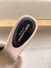 LA 16 HEELED MULES IN BEIGE RABBIT FUR AND SMOOTH LAMBSKIN