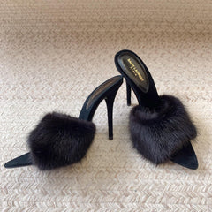 LA 16 HEELED MULES IN BLACK RABBIT FUR AND SMOOTH LAMBSKIN
