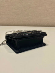 MINI FLAP BAG 11 IN BLACK DUCHESSE FABRIC ATTACHED FULL CRYSTALS SILVER CHAIN