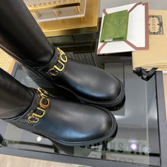 GG CLASSIC LOGO KNEE HIGH BOOTS IN BLACK CALFSKIN