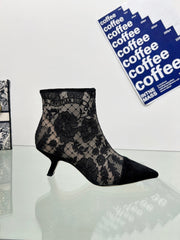 DIOR 25S POINTED-TOE ANKLE BOOTS 50 MM IN BLACK MESH TULLE AND SUEDE