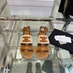 LYMPIAR FLAT STRAP SANDAL IN RAFFIA CALFSKIN WHITE CARAMEL BROWN