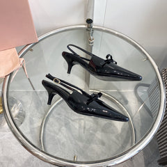 HIGH-SLINGBACK POINTED TOE SANDALS BLACK COWHIDE WITH BOW