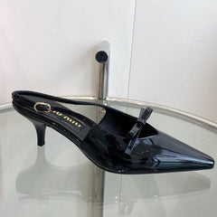 HIGH-SLINGBACK POINTED TOE SANDALS BLACK COWHIDE WITH BOW