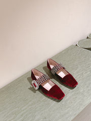 MARY JANES IN RED VELVET WITH CRYSTAL EMBELLISHED STRAP
