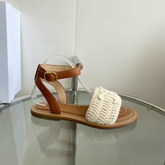 LYMPIA SANDAL IN WHITE TRIOMPHE MACCRAMÉ COTTON AND TAN CALFSKIN
