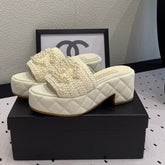 Double CC pearl platform sandals Sheepskin White