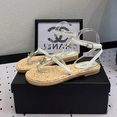 Double CC Vintage straw sandals replica designer shoe White Beige sheepskin