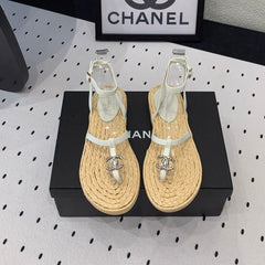 Double CC Vintage straw sandals replica designer shoe White Beige sheepskin